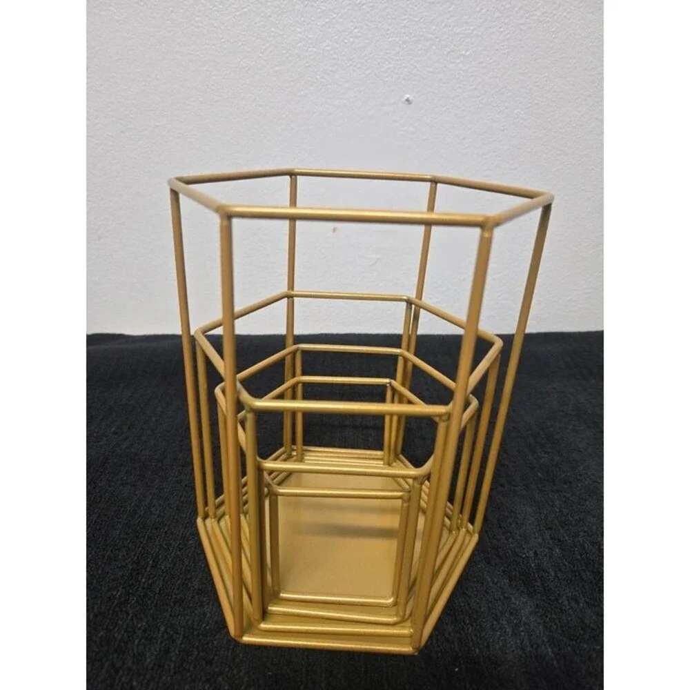 4-Piece Gold Geometric Hexagon Desk Organizer Set / Makeup Brush Vanity Storage